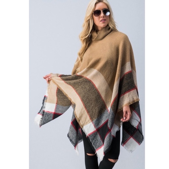 ✨SALE!✨5⭐️NEW TAN CAMEL PLAID PONCHO WRAP CAPE TOP - Picture 3 of 8